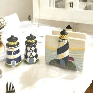 Lighthouse Salt & Pepper Shakers and Lighthouse Napkin Holder Set Ceramic